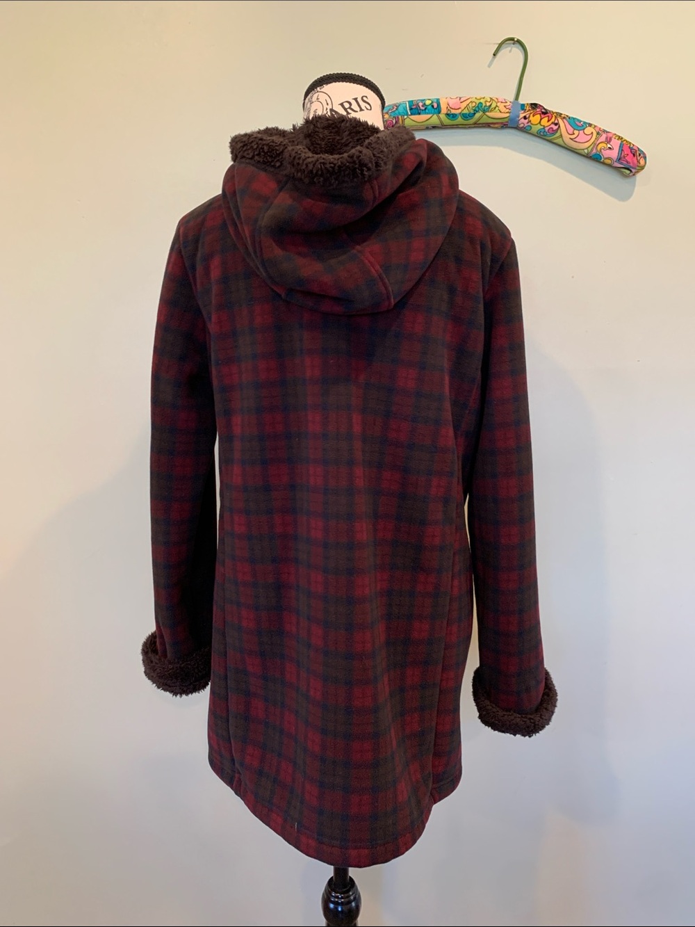 Uniqlo Women’s Medium Red Plaid Teddy Fleece Pile Lined Mid-Length Hooded Coat - Picture 4 of 8